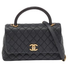 Chanel Black Quilted Caviar Leather and Lizard Handle Small Coco Top Handle Bag
