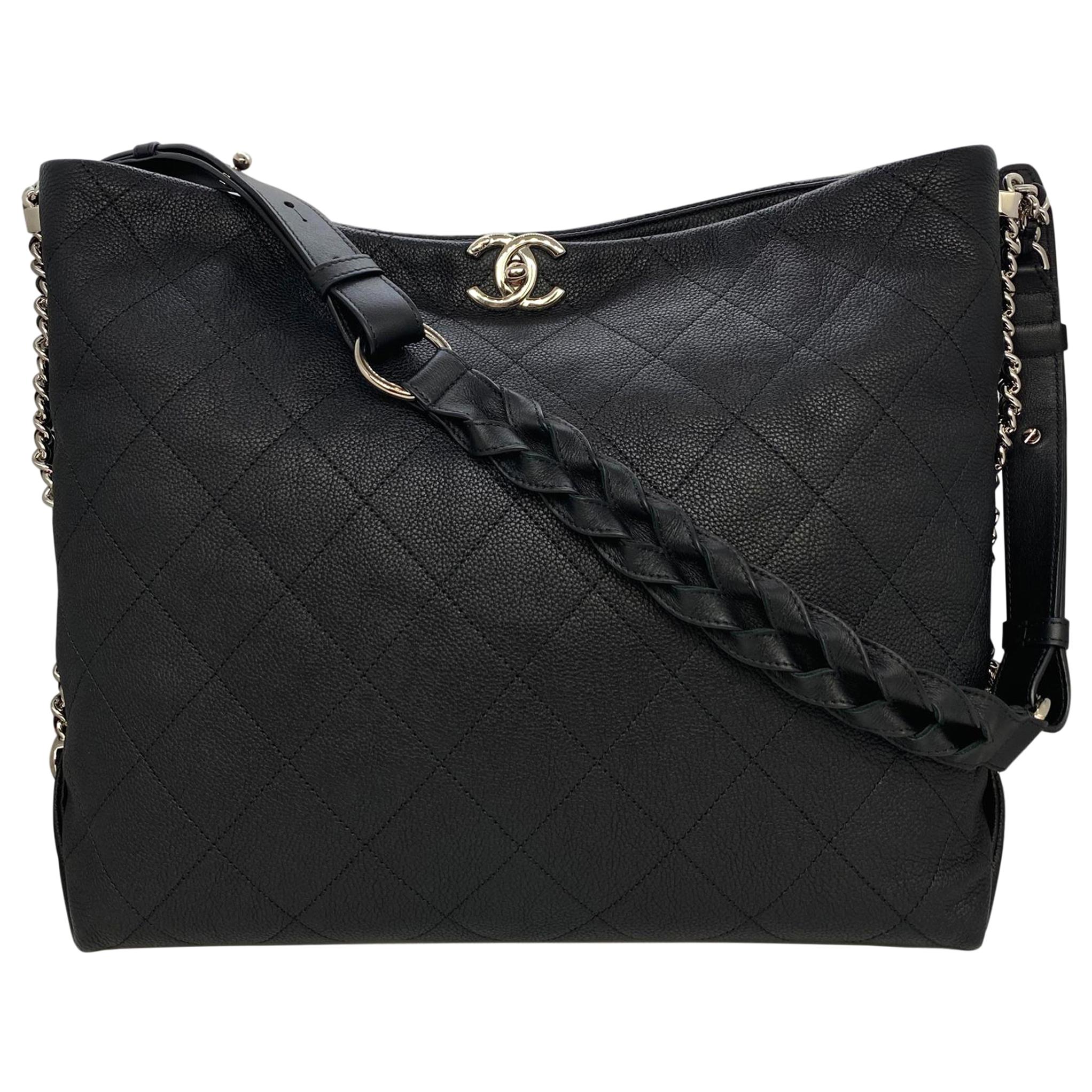 Chanel Black Quilted Caviar Leather Braided Handle Medium Hobo Bag at  1stDibs