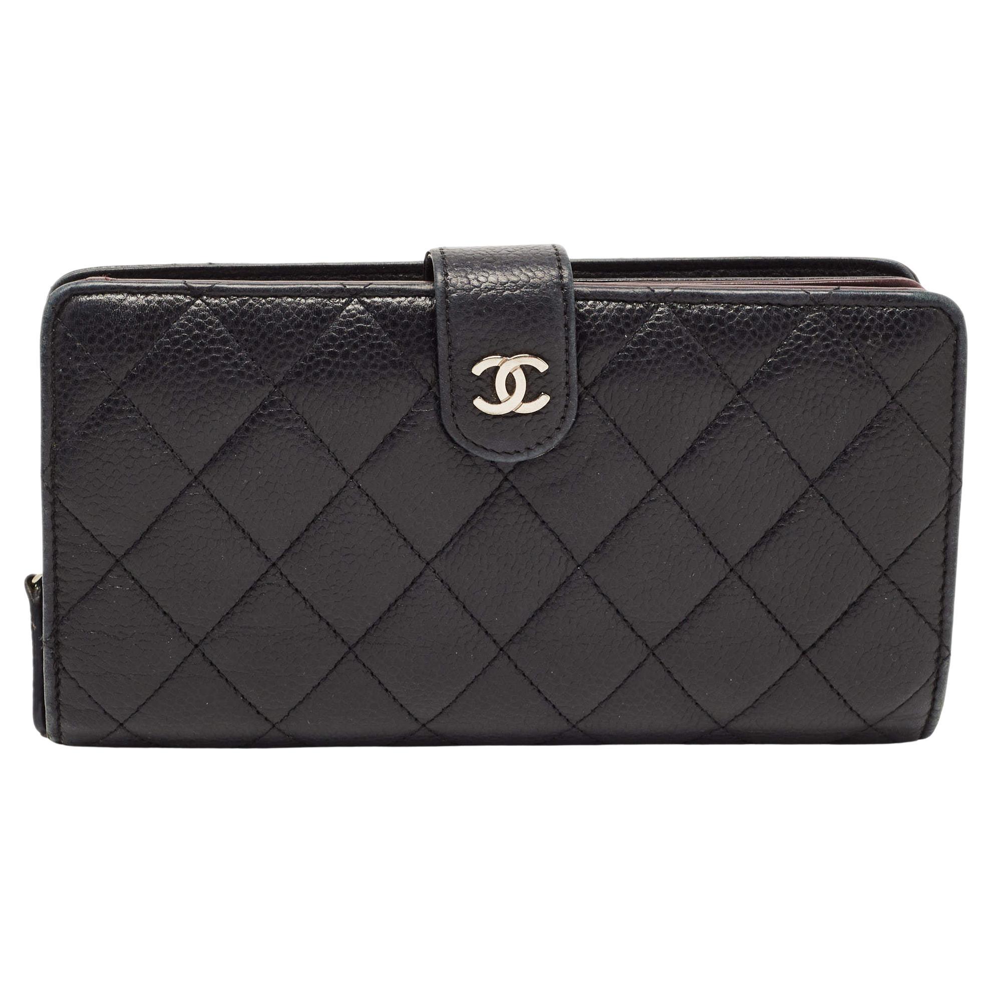 Chanel Black Quilted Caviar Leather CC Continental Zip Wallet at