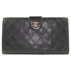 Chanel Black Quilted Caviar Leather CC Logo Long Wallet L Gusset 11C1021