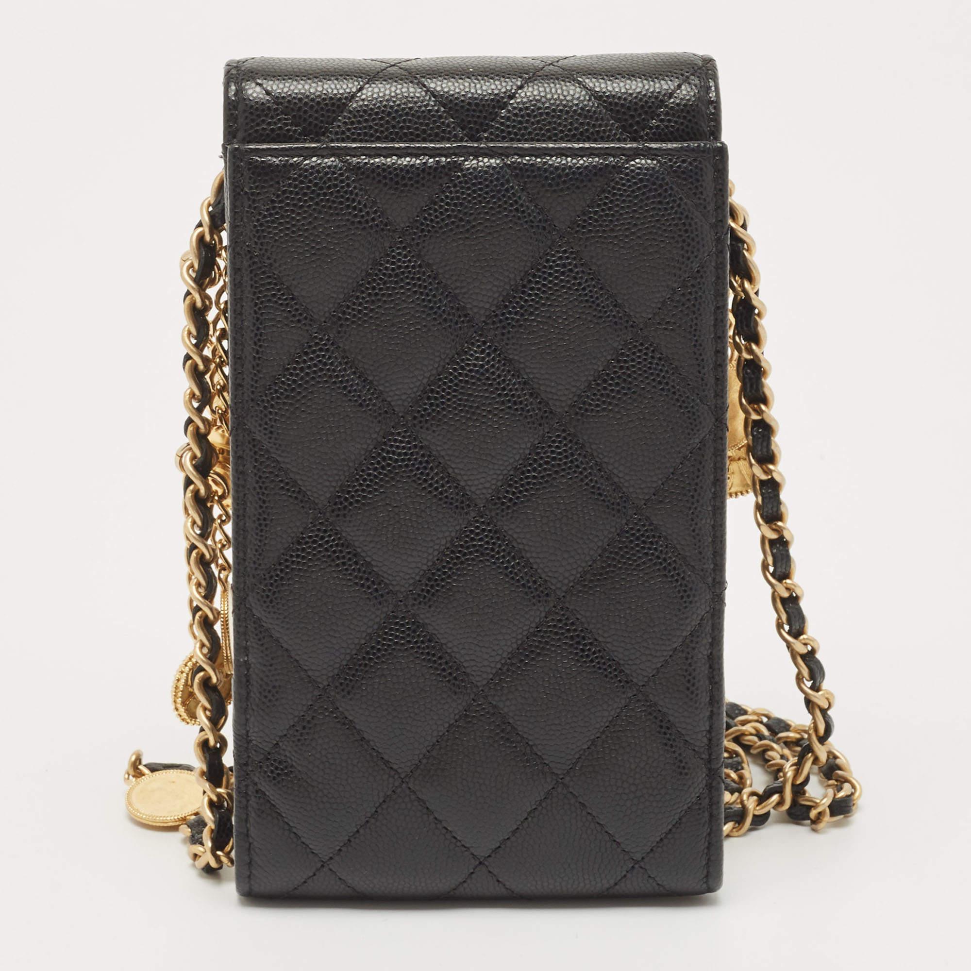 Women's Chanel Black Quilted Caviar Leather CC Medallion Chain Phone Crossbody Bag