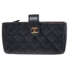 Vintage Chanel Black Quilted Caviar Leather CC Phone Pouch