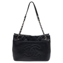 Chanel Black Quilted Caviar Leather CC Timeless Soft Shopping Tote