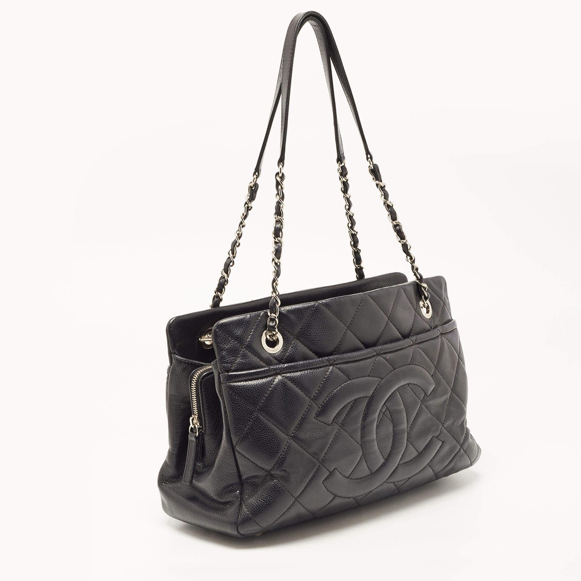 Women's Chanel Black Quilted Caviar Leather CC Timeless Tote