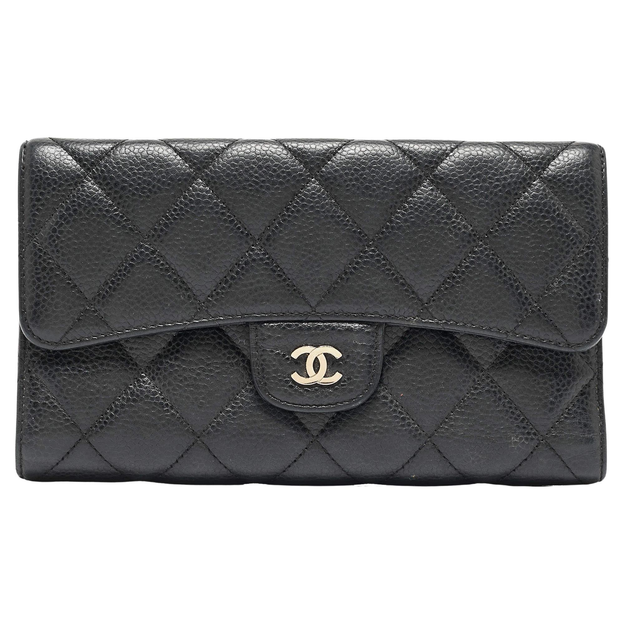 Chanel Black Quilted Caviar Leather Classic L Flap Wallet For Sale