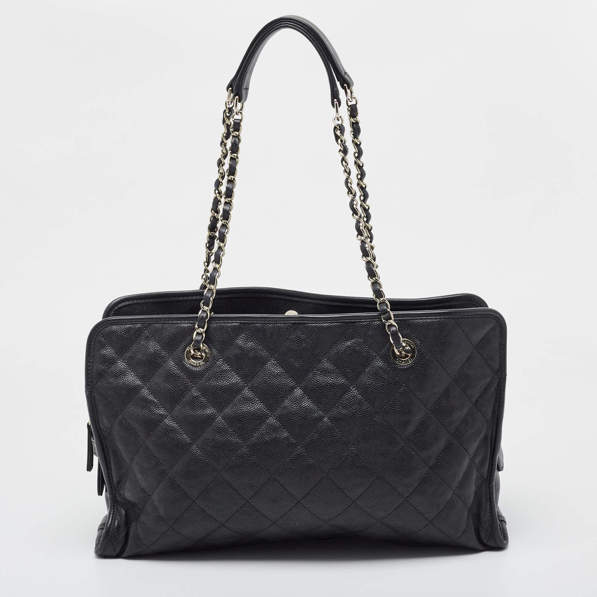 Chanel Black Quilted Caviar Leather French Riviera Tote 4