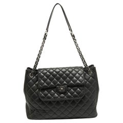 Chanel Black Quilted Caviar Leather Front Flap Pocket Tote