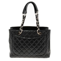Chanel Schwarzes gestepptes Kaviarleder Grand Shopper Tote