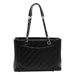 Chanel Schwarzes gestepptes Kaviarleder Grand Shopper Tote