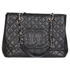 CHANEL Quilted Matelasse GST Caviar Gold Chain Grand Shopping Tote Bag Black