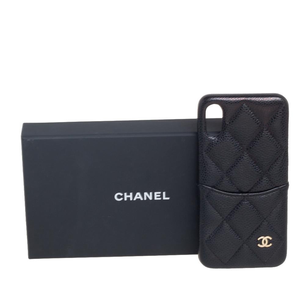 Women's Chanel Black Quilted Caviar Leather iPhone X Case