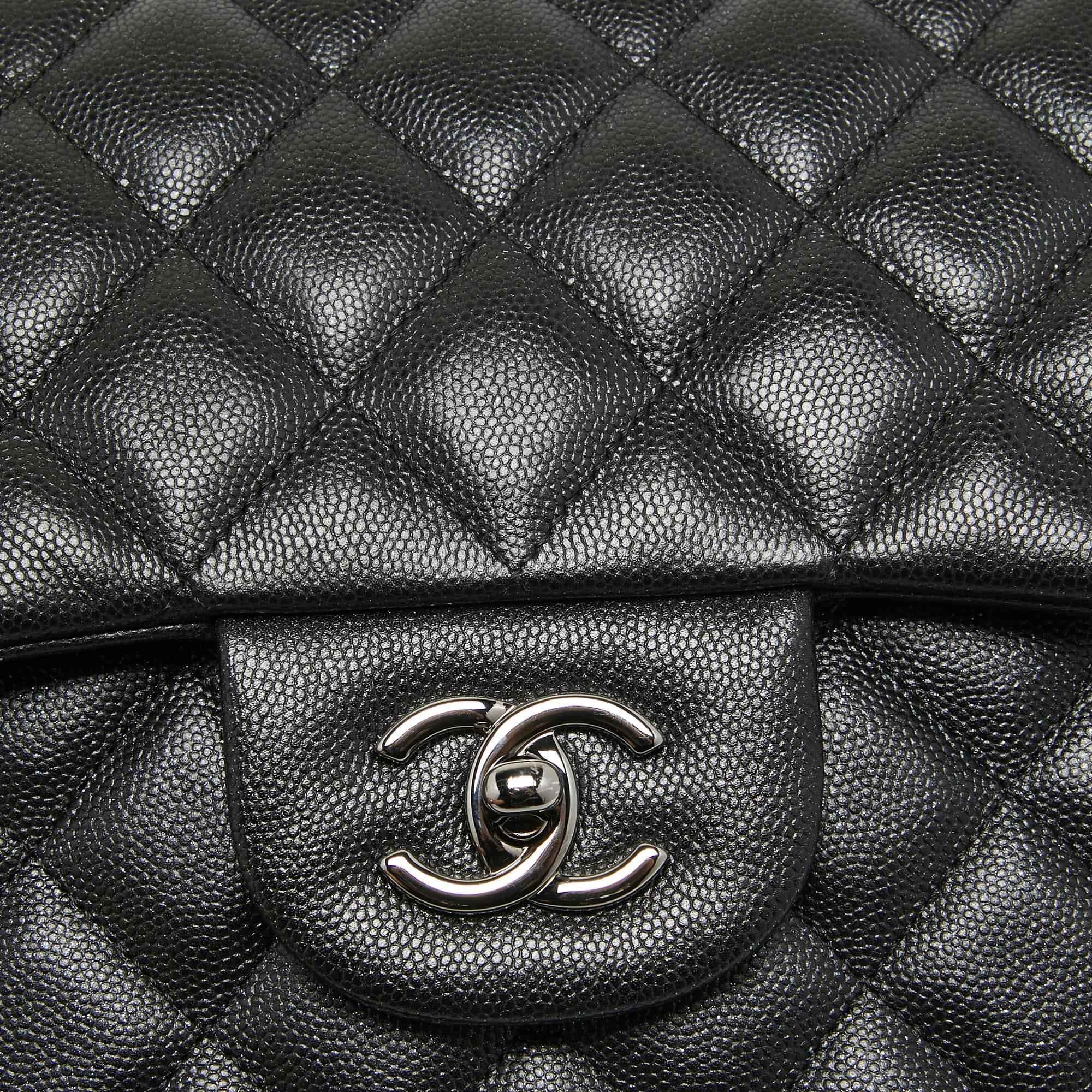 Chanel Black Quilted Caviar Leather Jumbo Classic Double Flap Bag 8