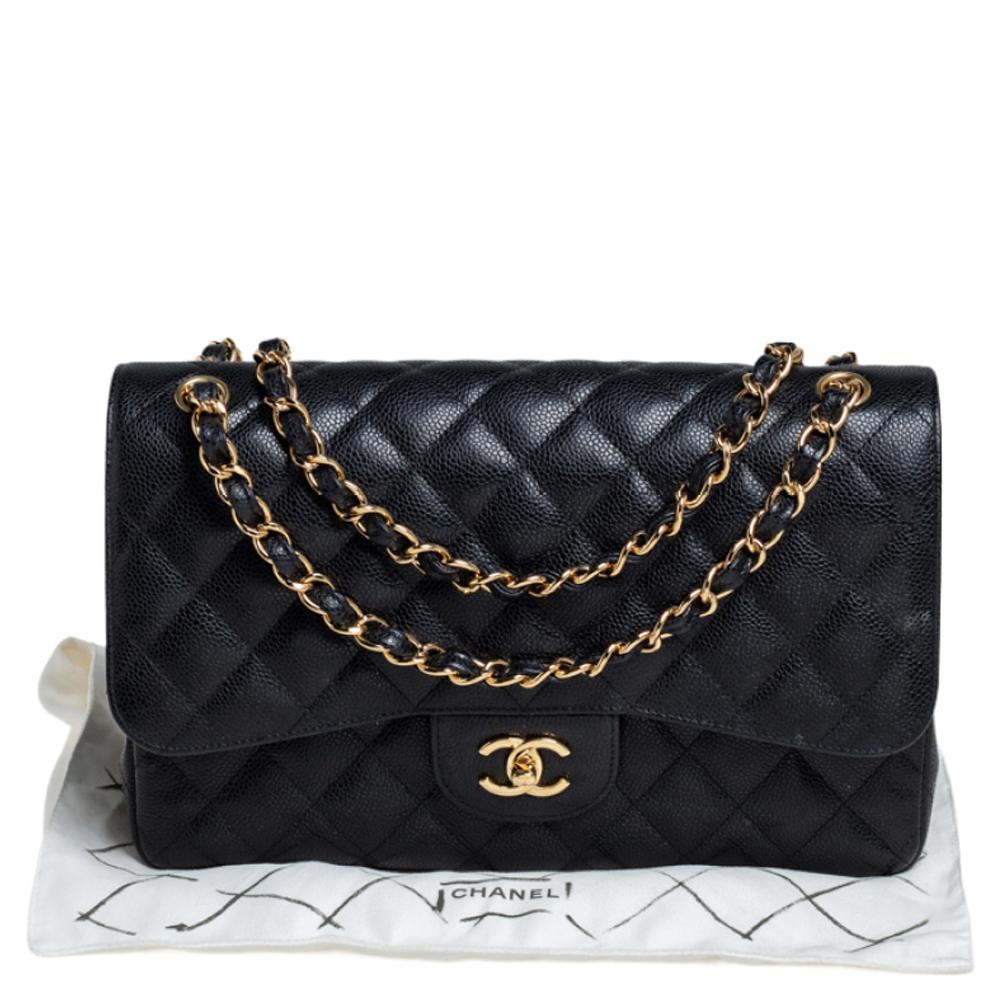 Chanel Black Quilted Caviar Leather Jumbo Classic Double Flap Bag 12