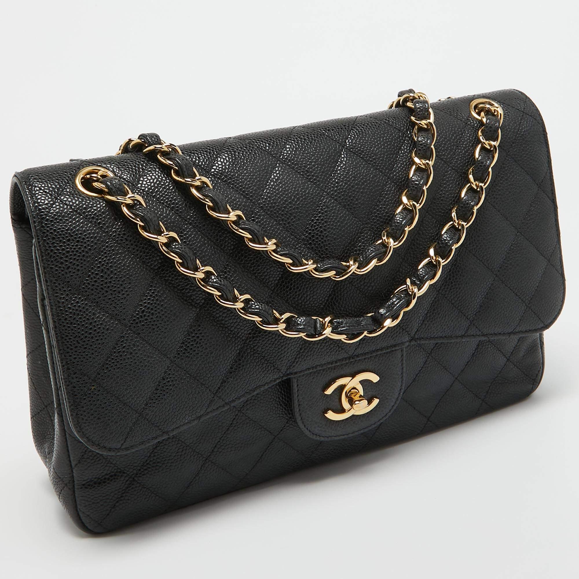 Chanel Black Quilted Caviar Leather Jumbo Classic Double Flap Bag For Sale 12