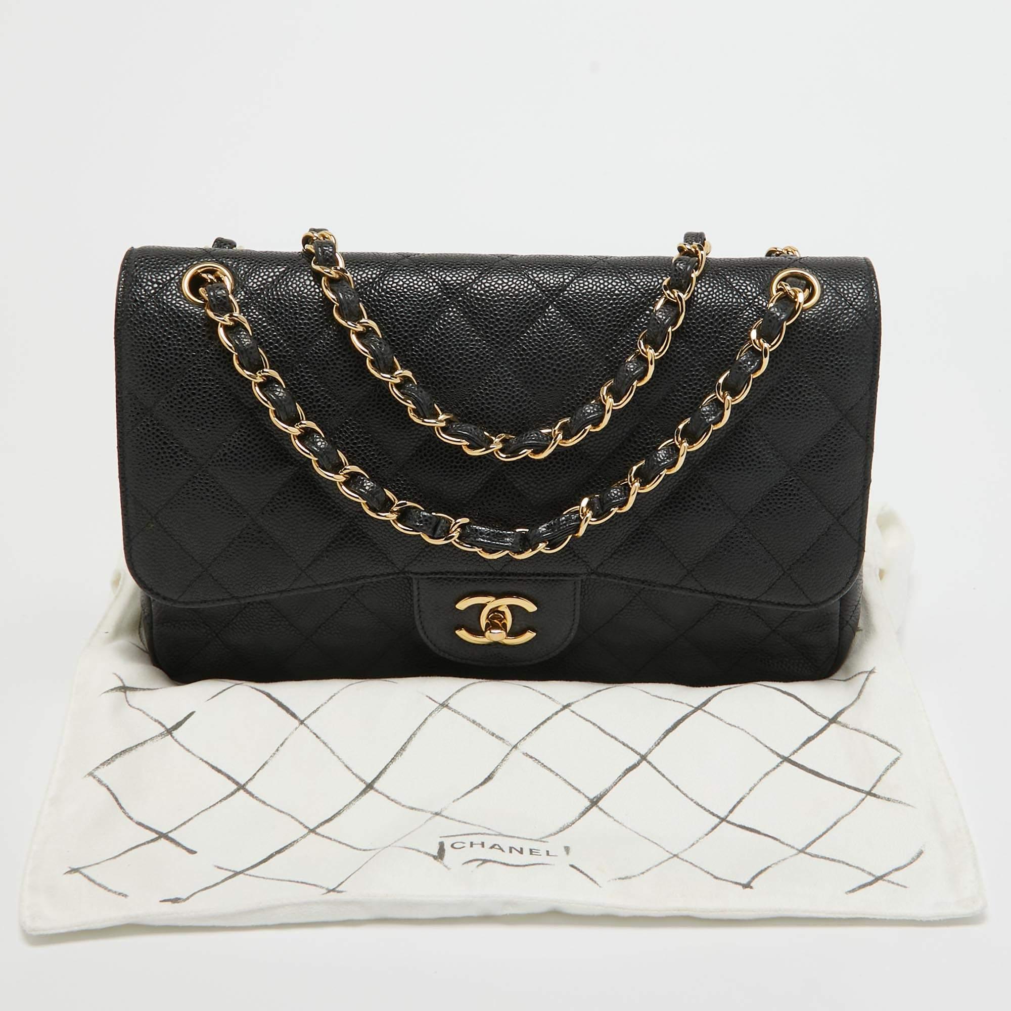 Chanel Black Quilted Caviar Leather Jumbo Classic Double Flap Bag For Sale 13