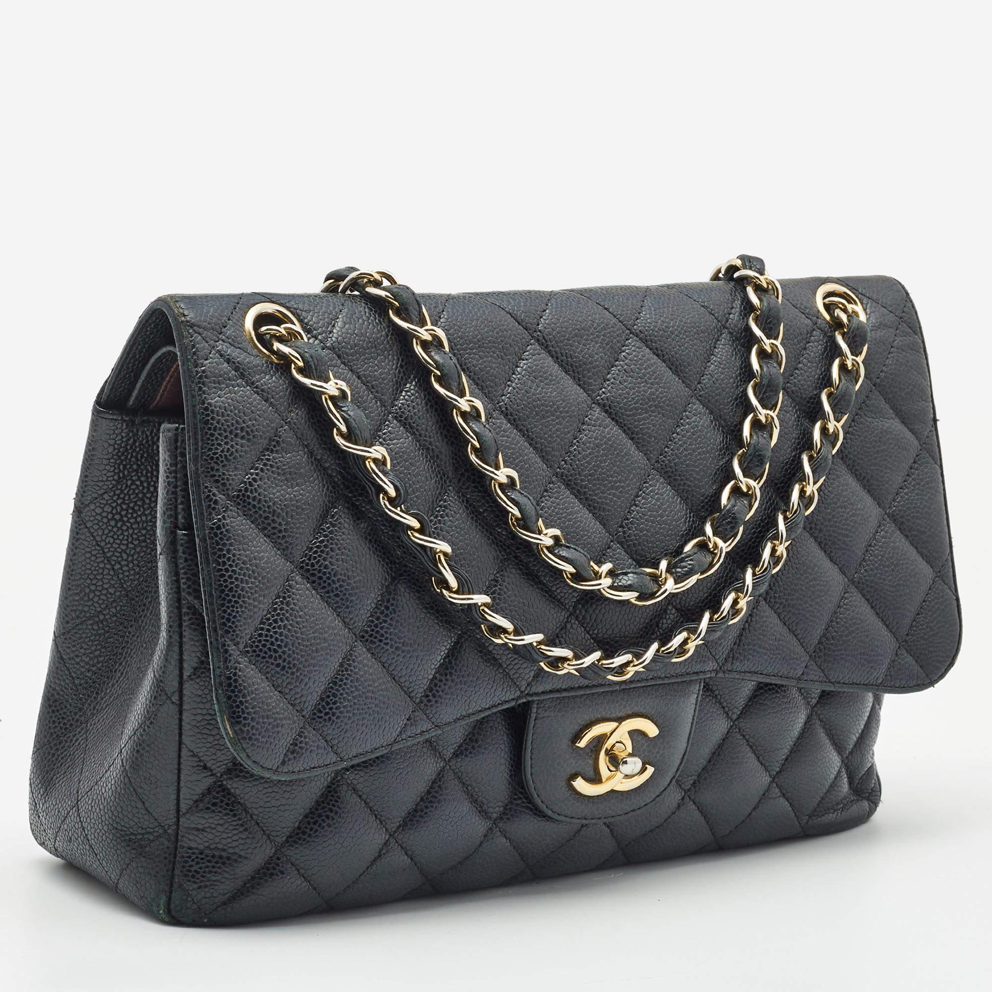 Women's Chanel Black Quilted Caviar Leather Jumbo Classic Double Flap Bag