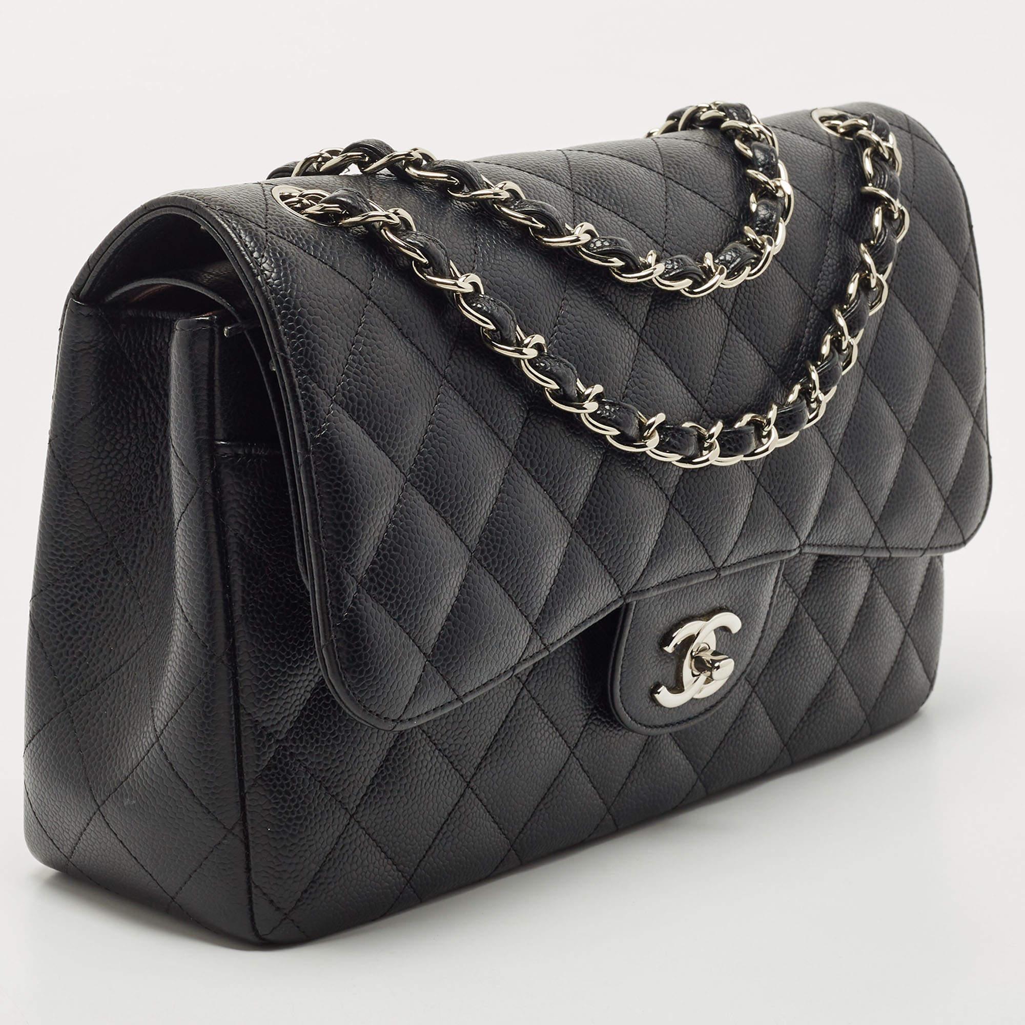 Women's Chanel Black Quilted Caviar Leather Jumbo Classic Double Flap Bag
