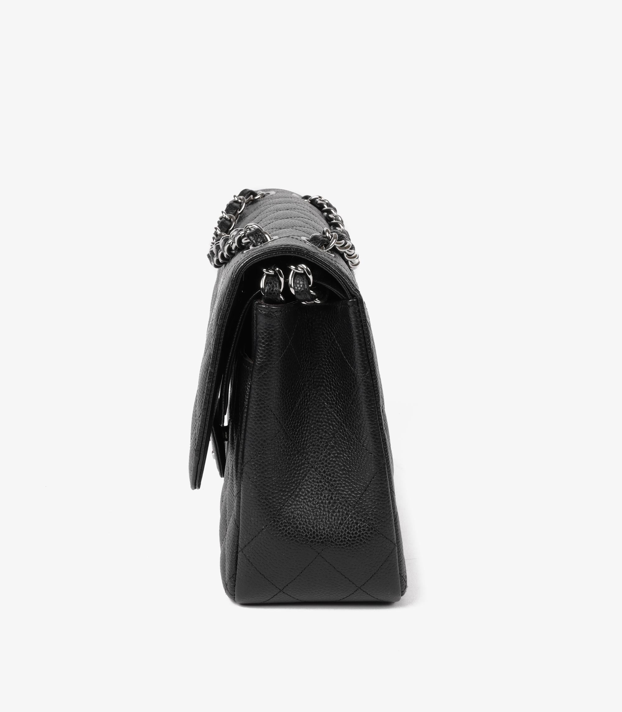 Chanel Negro Acolchado Caviar Piel Bolso Jumbo Classic Doble Solapa 1