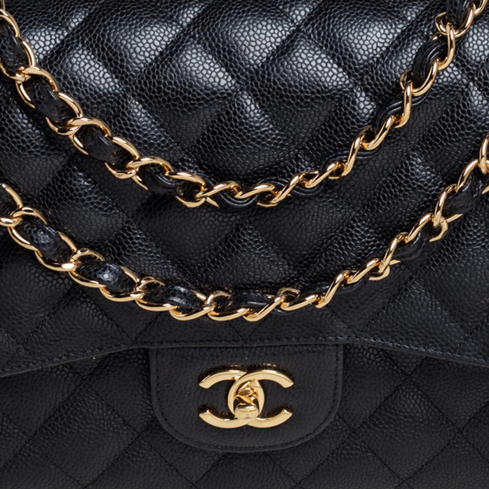 Chanel Black Quilted Caviar Leather Jumbo Classic Double Flap Bag 2