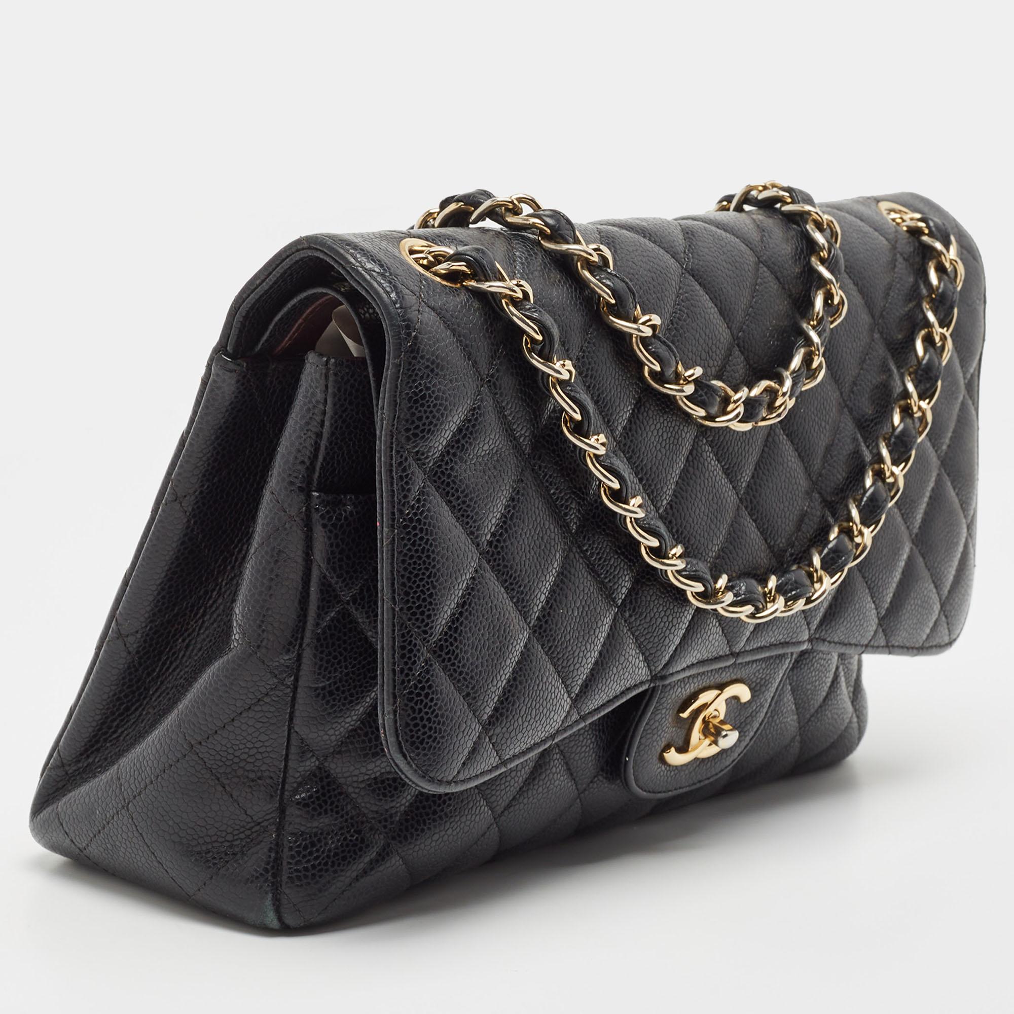 Chanel Black Quilted Caviar Leather Jumbo Classic Double Flap Bag For Sale 2