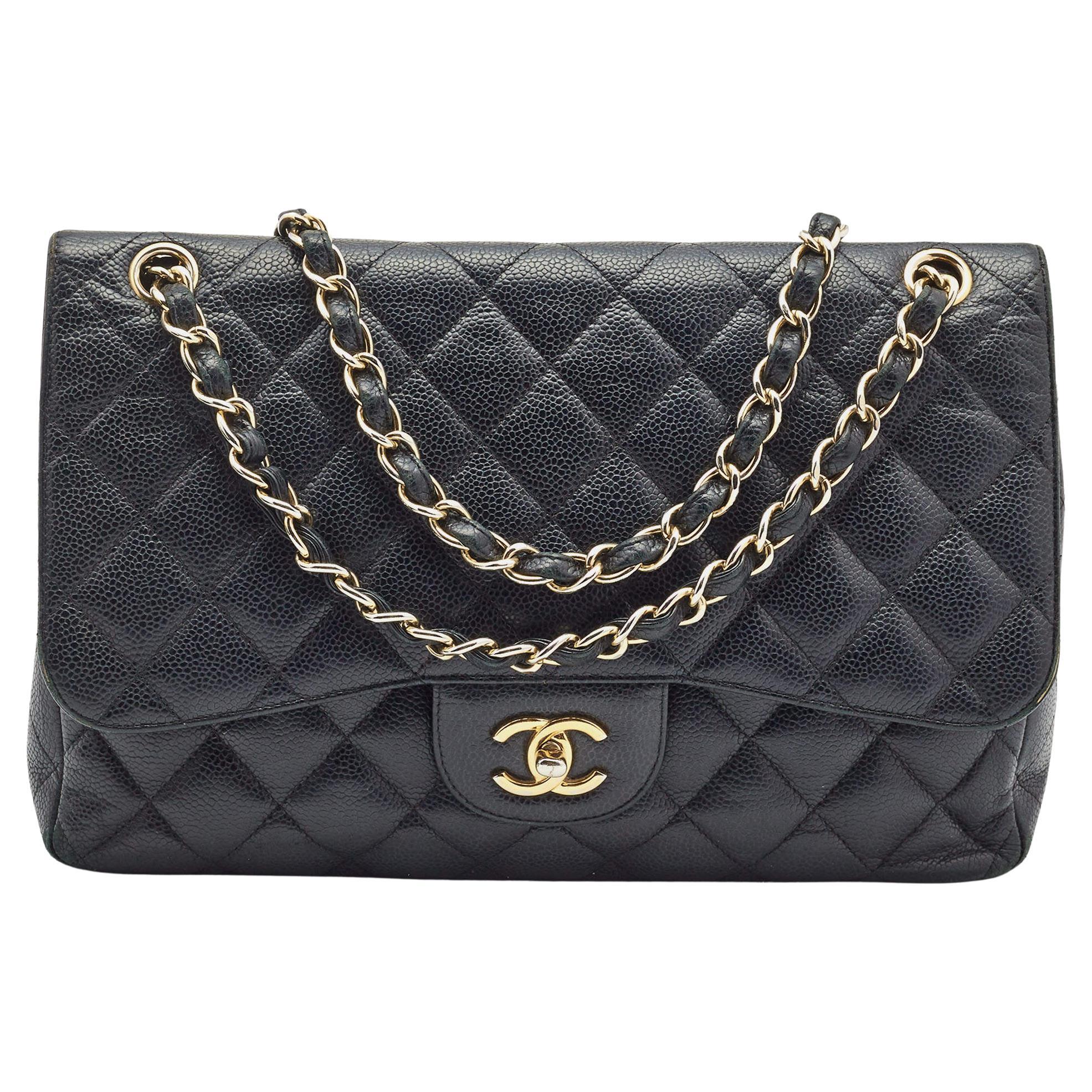 Chanel Black Quilted Caviar Leather Jumbo Classic Double Flap Bag at 1stDibs