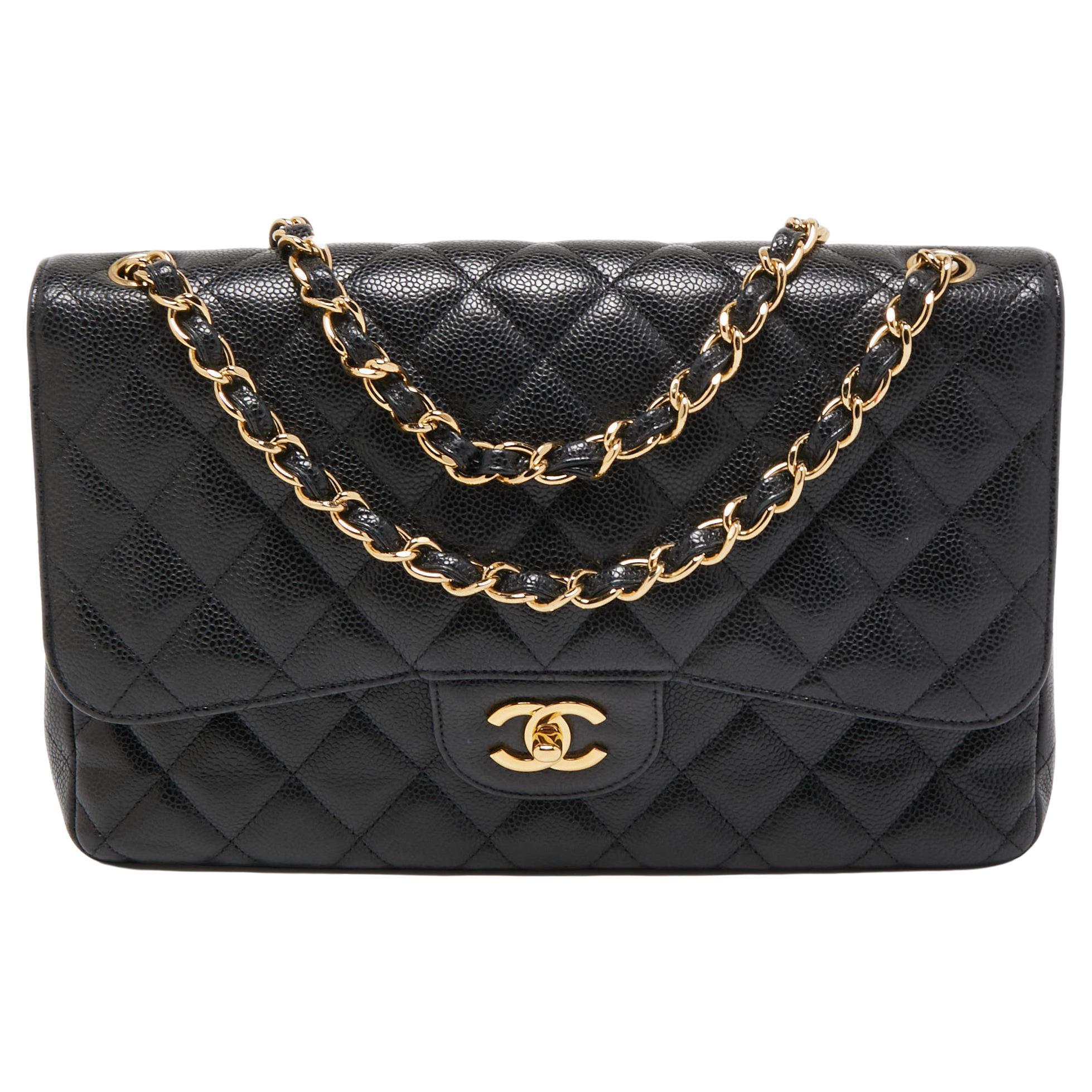 Chanel Black Quilted Caviar Leather Jumbo Classic Double Flap Bag at 1stDibs