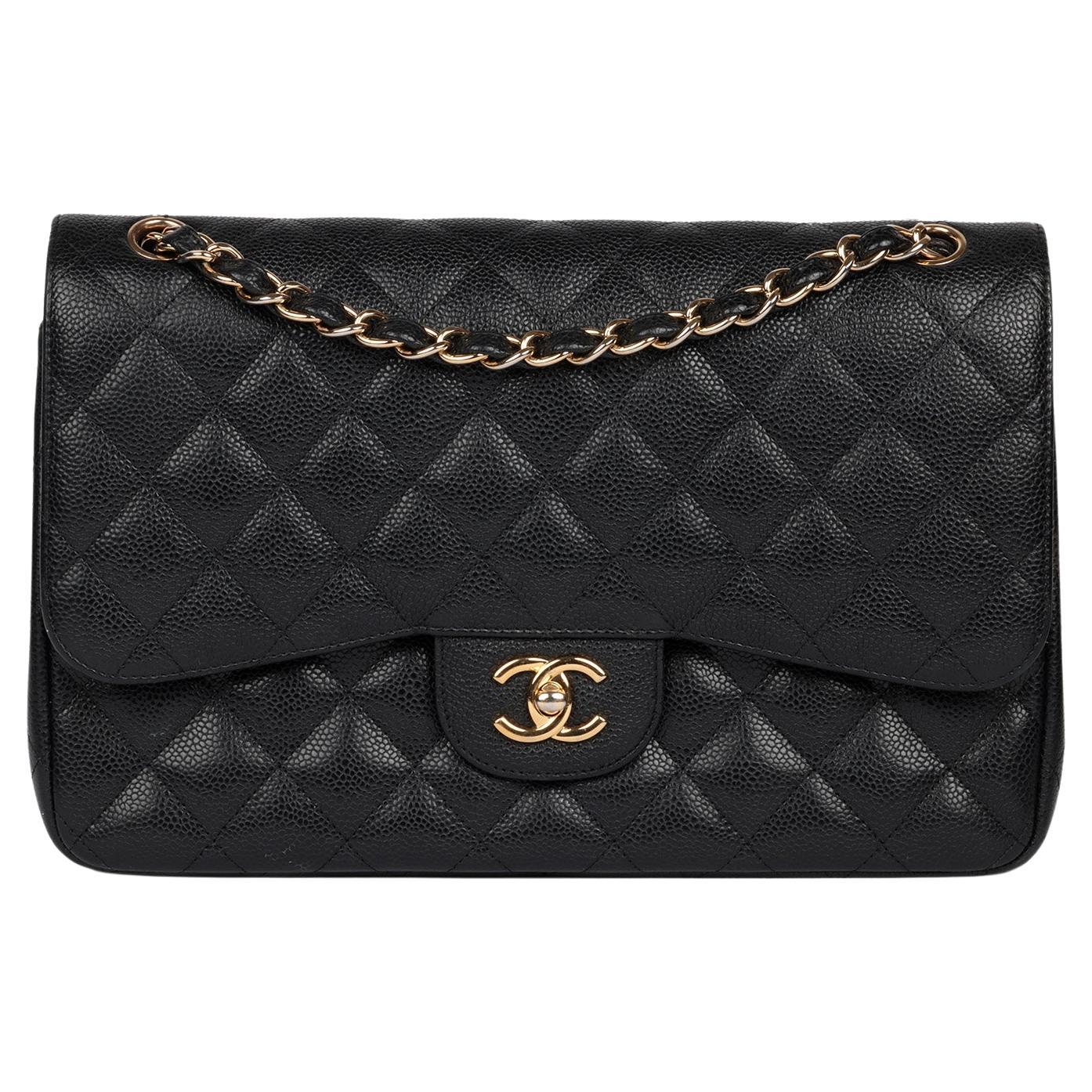 Chanel Black Quilted Caviar Leather Jumbo Classic Double Flap Bag For Sale