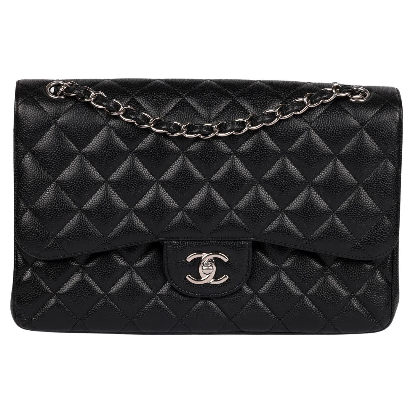 Chanel Black Quilted Caviar Leather Jumbo Classic Double Flap Bag For Sale
