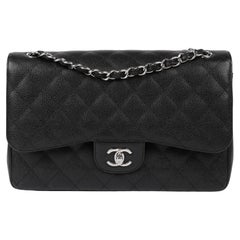 Chanel Negro Acolchado Caviar Piel Bolso Jumbo Classic Doble Solapa