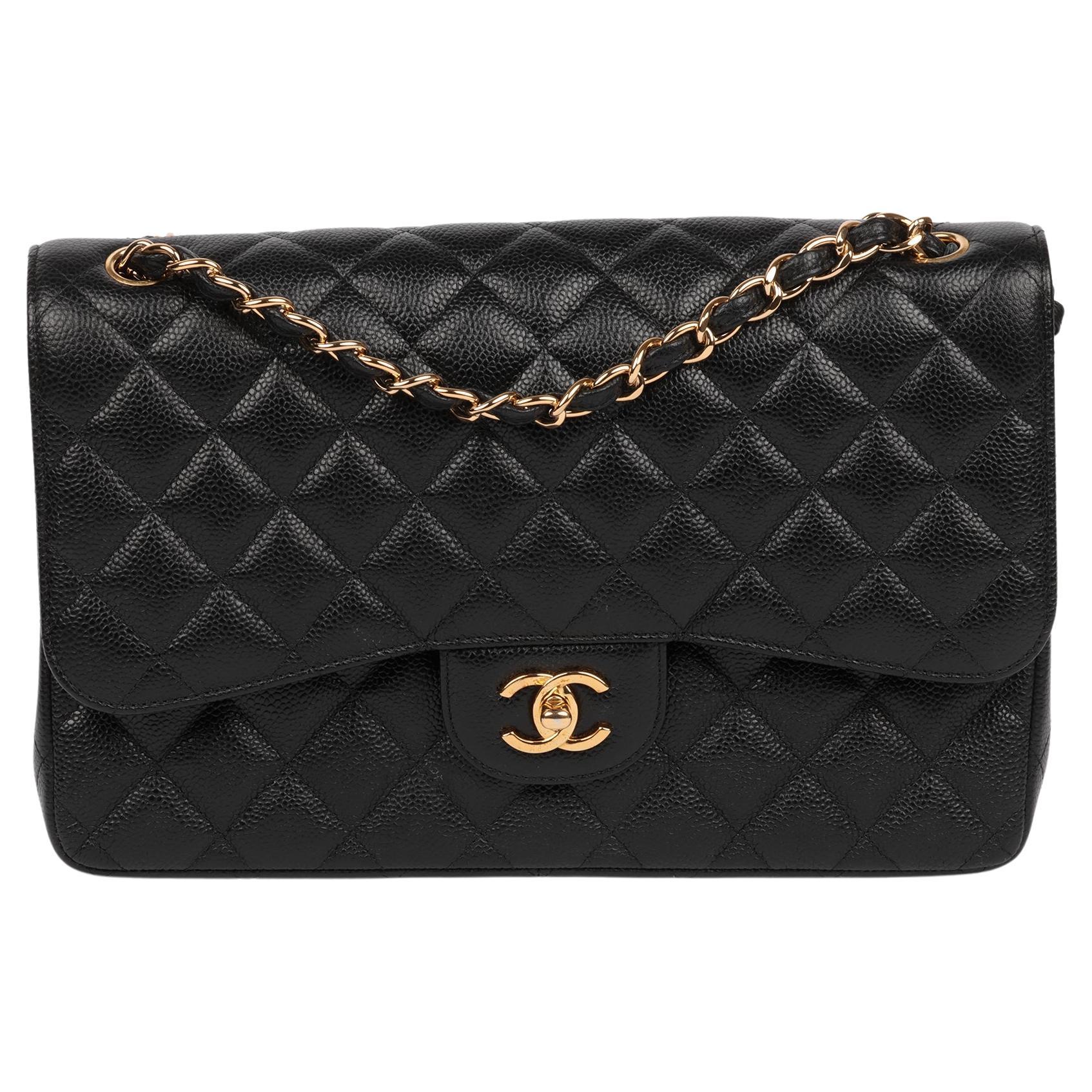 Chanel Black Quilted Caviar Leather Jumbo Classic Double Flap Bag im Angebot