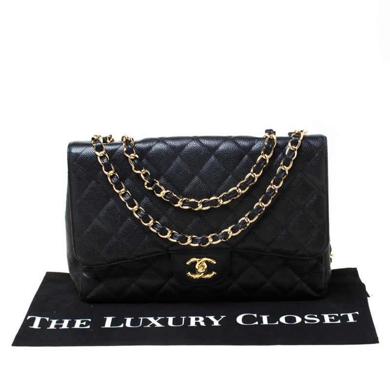 Chanel Black Quilted Caviar Leather Jumbo Classic Single Flap Bag 8