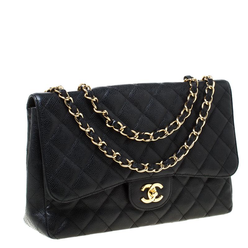Women's Chanel Black Quilted Caviar Leather Jumbo Classic Single Flap Bag