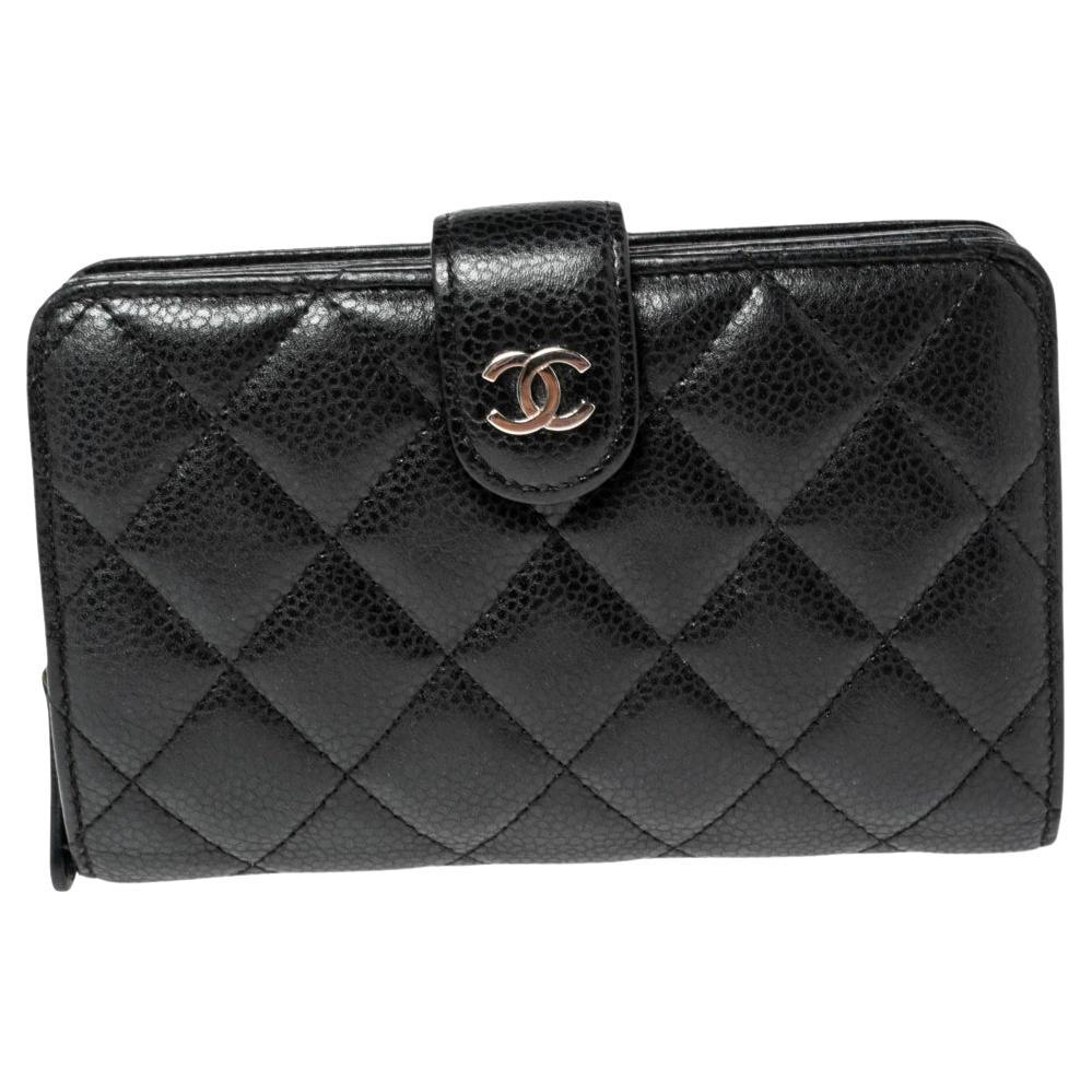 Chanel Black Quilted Caviar Leather L-Zip Pocket Wallet