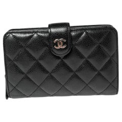 Chanel Schwarz gesteppt Kaviar Leder L-Zip Tasche Brieftasche
