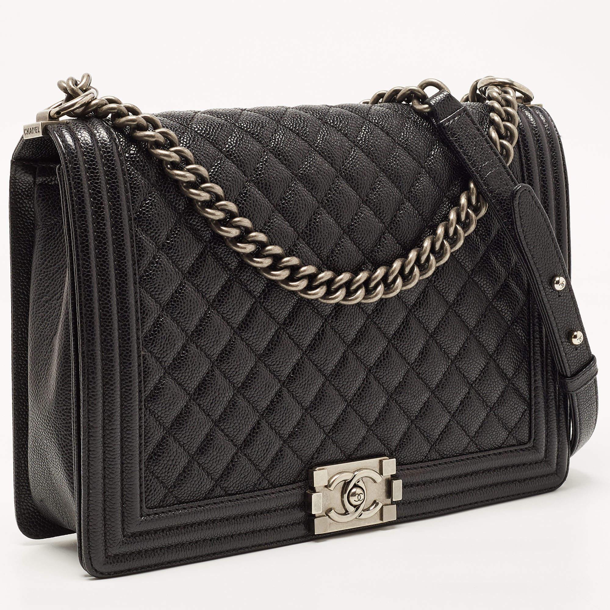 Women's Chanel Black Quilted Caviar Leather Large Boy Flap Bag
