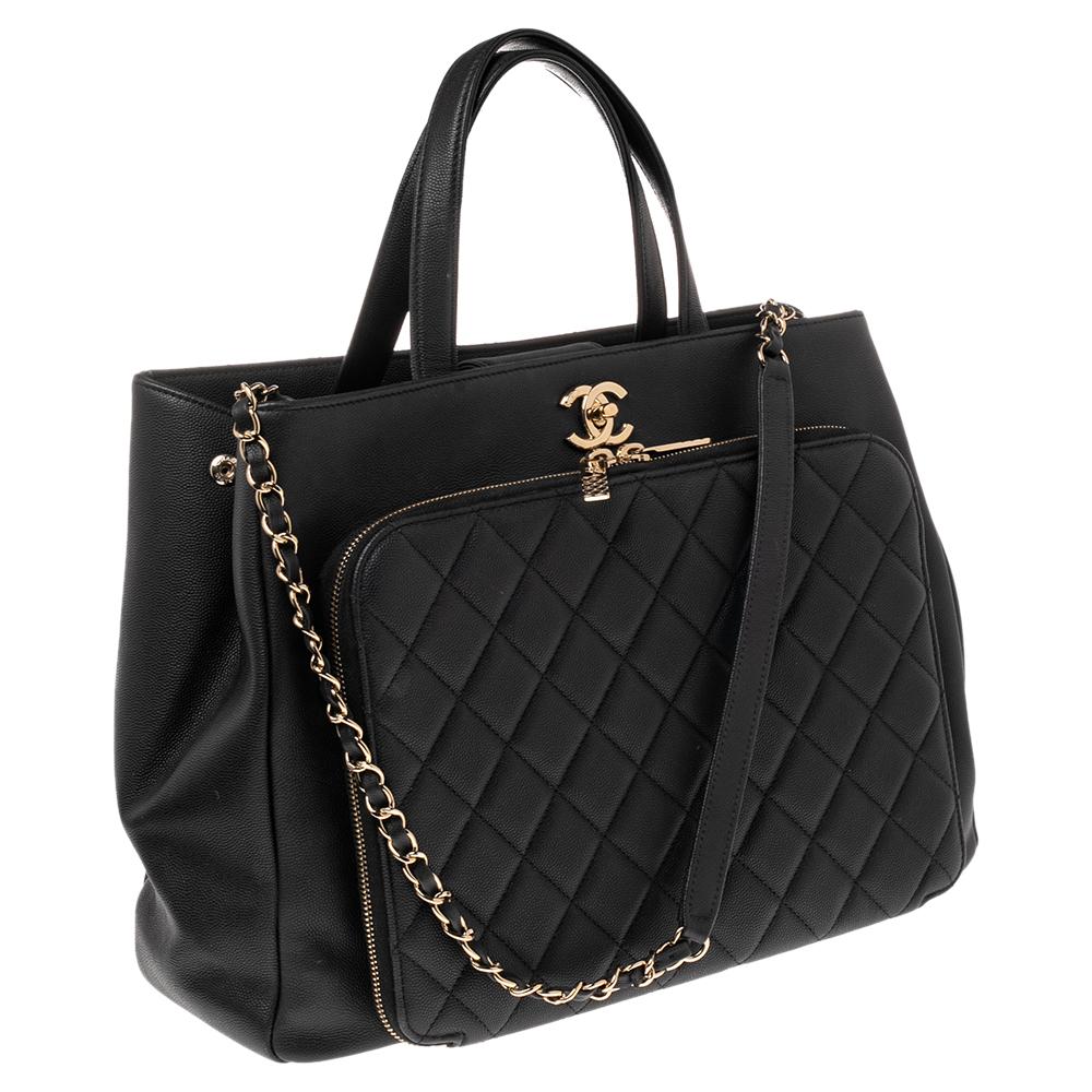 Women's Chanel Black Quilted Caviar Leather Large Business Affinity Shopper Tote