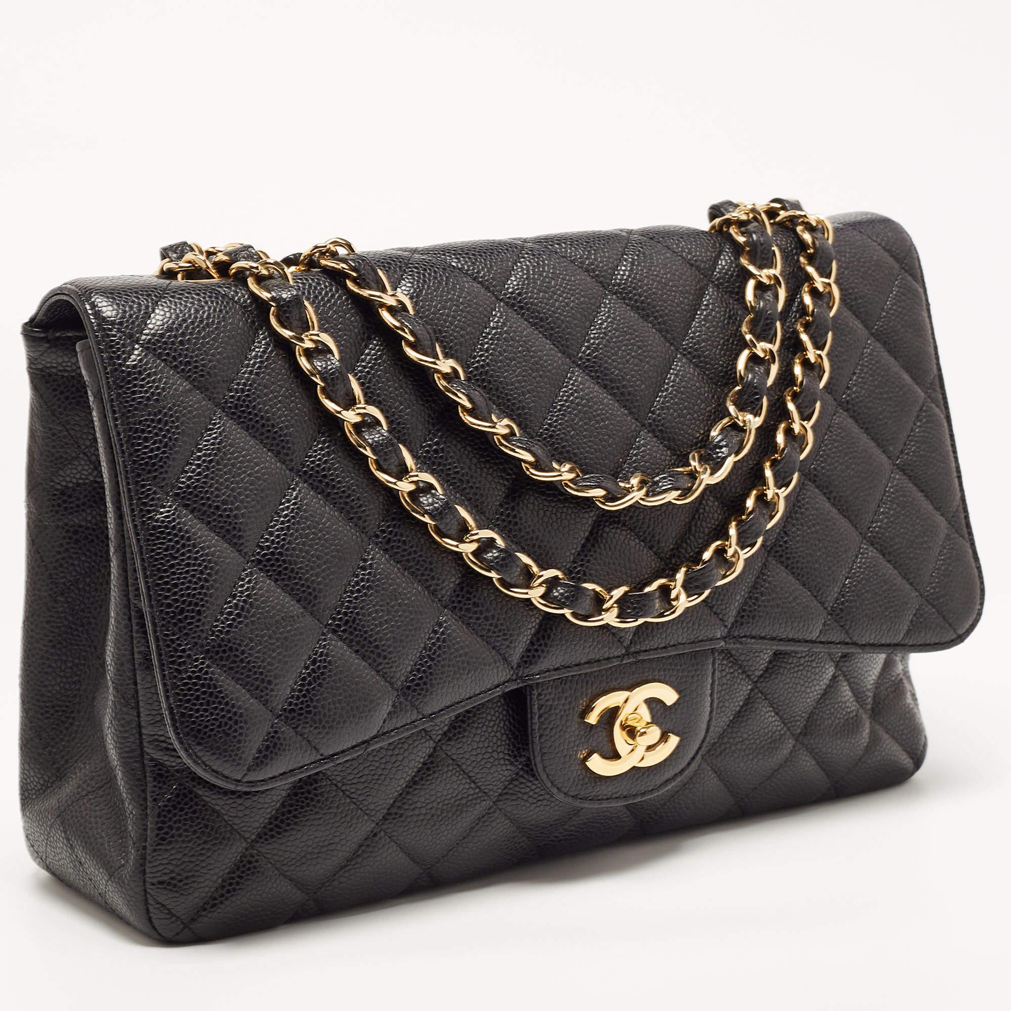 Women's Chanel Black Quilted Caviar Leather Large Classic Double Flap Bag