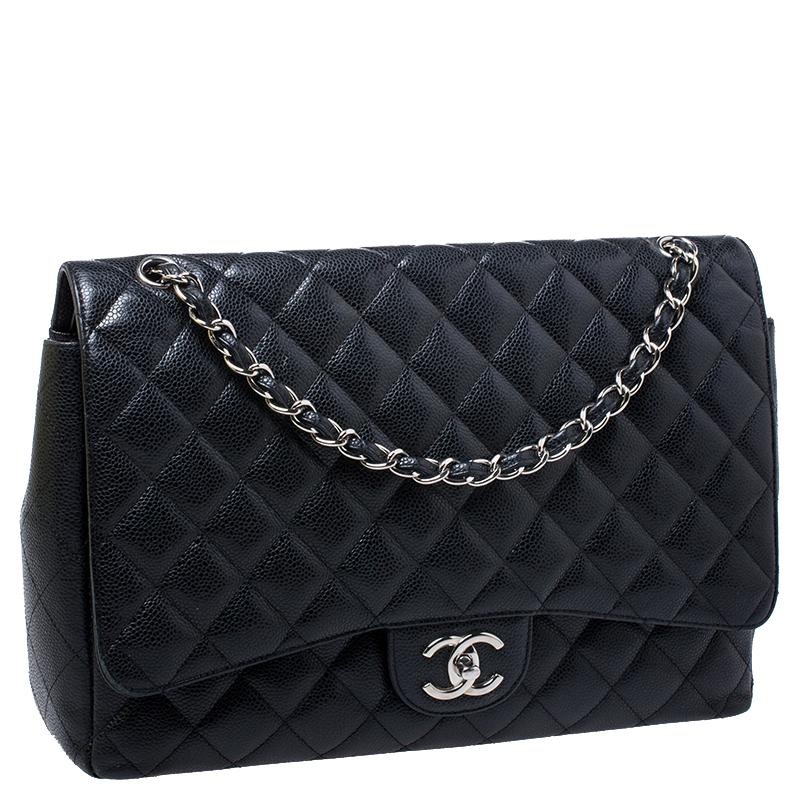 Chanel Black Quilted Caviar Leather Maxi Classic Double Flap Bag In Good Condition In Dubai, Al Qouz 2