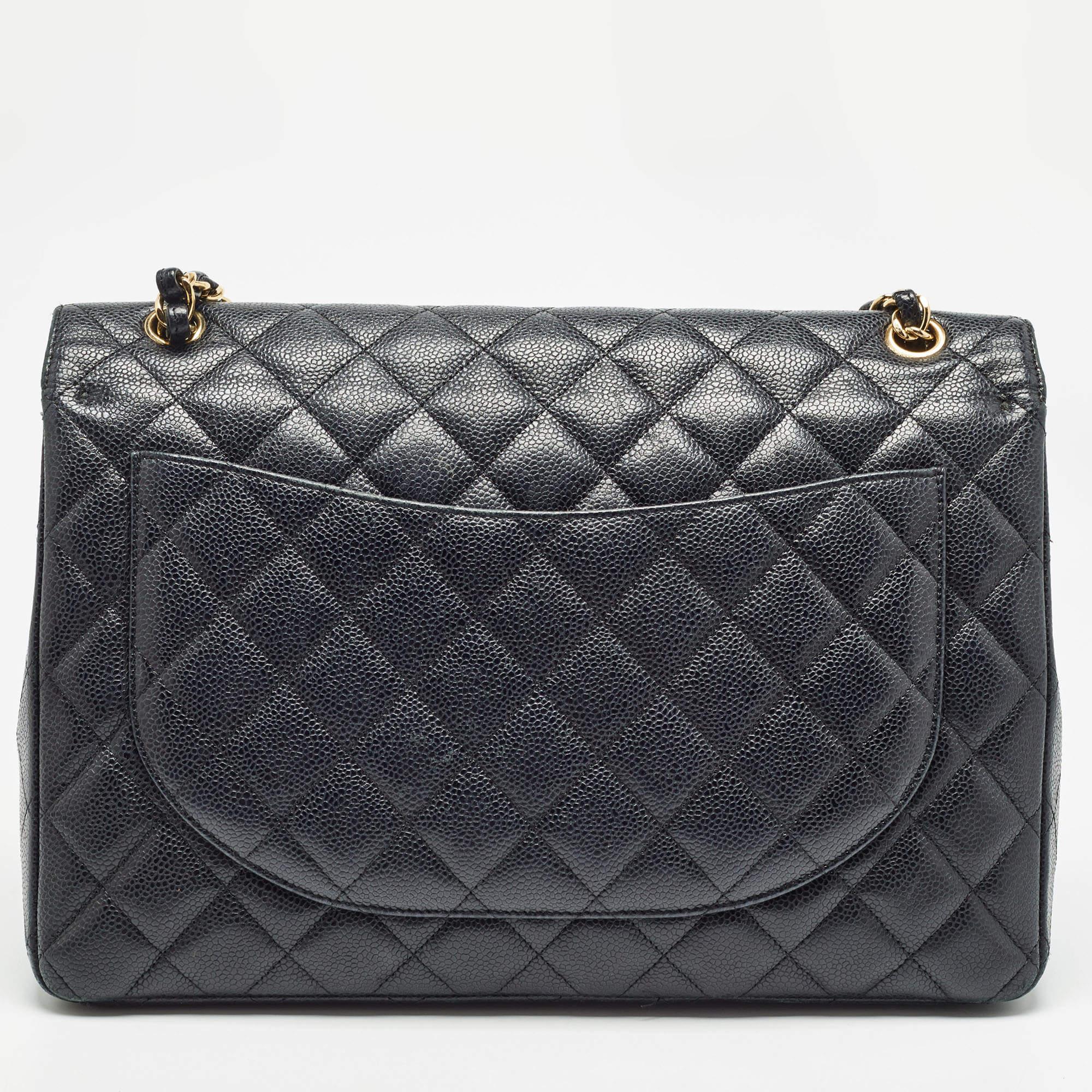 De las mujeres Bolso Chanel Negro Acolchado Caviar Piel Maxi Classic Doble Solapa