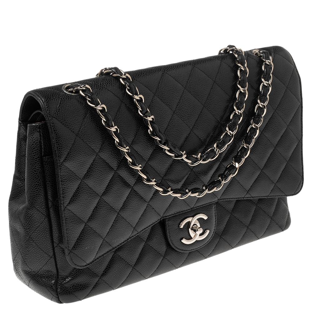 Women's Chanel Black Quilted Caviar Leather Maxi Classic Double Flap Bag