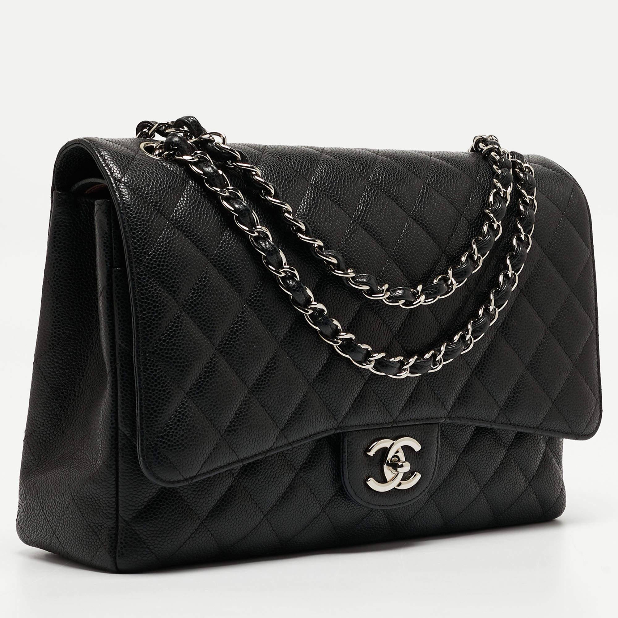Women's Chanel Black Quilted Caviar Leather Maxi Classic Double Flap Bag For Sale