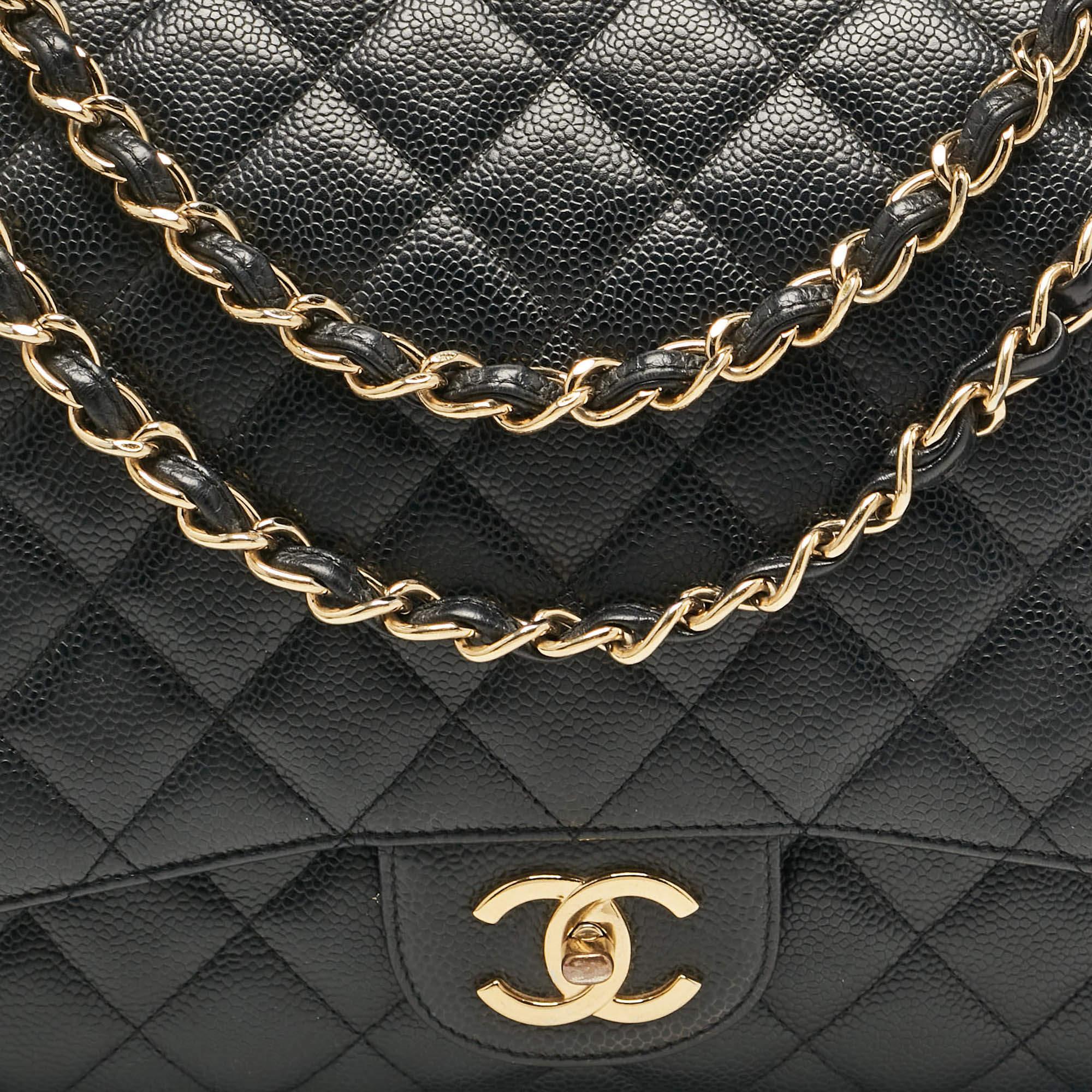 Chanel Black Quilted Caviar Leather Maxi Classic Double Flap Bag For Sale 1