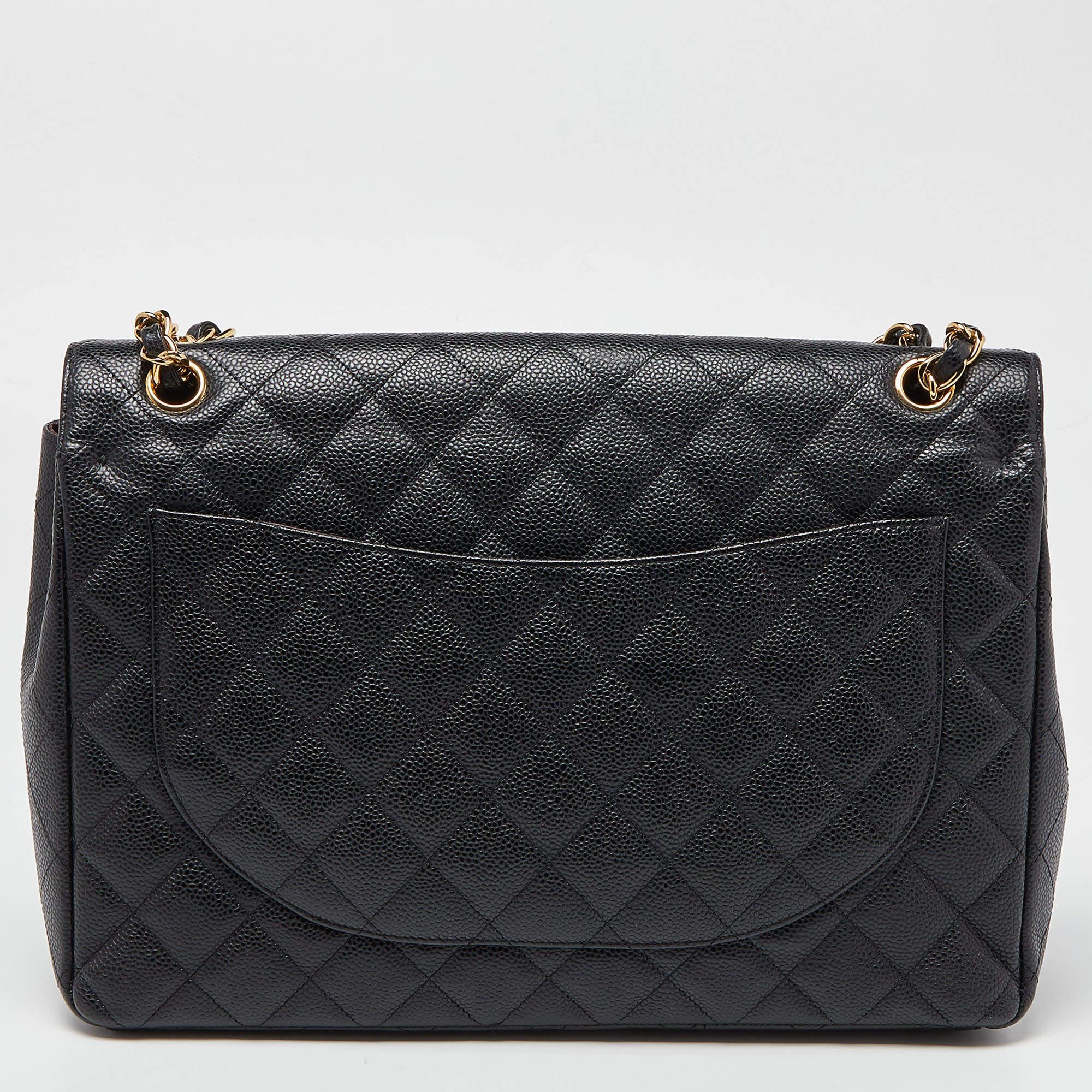 Chanel Black Quilted Caviar Leather Maxi Classic Double Flap Bag For Sale 1