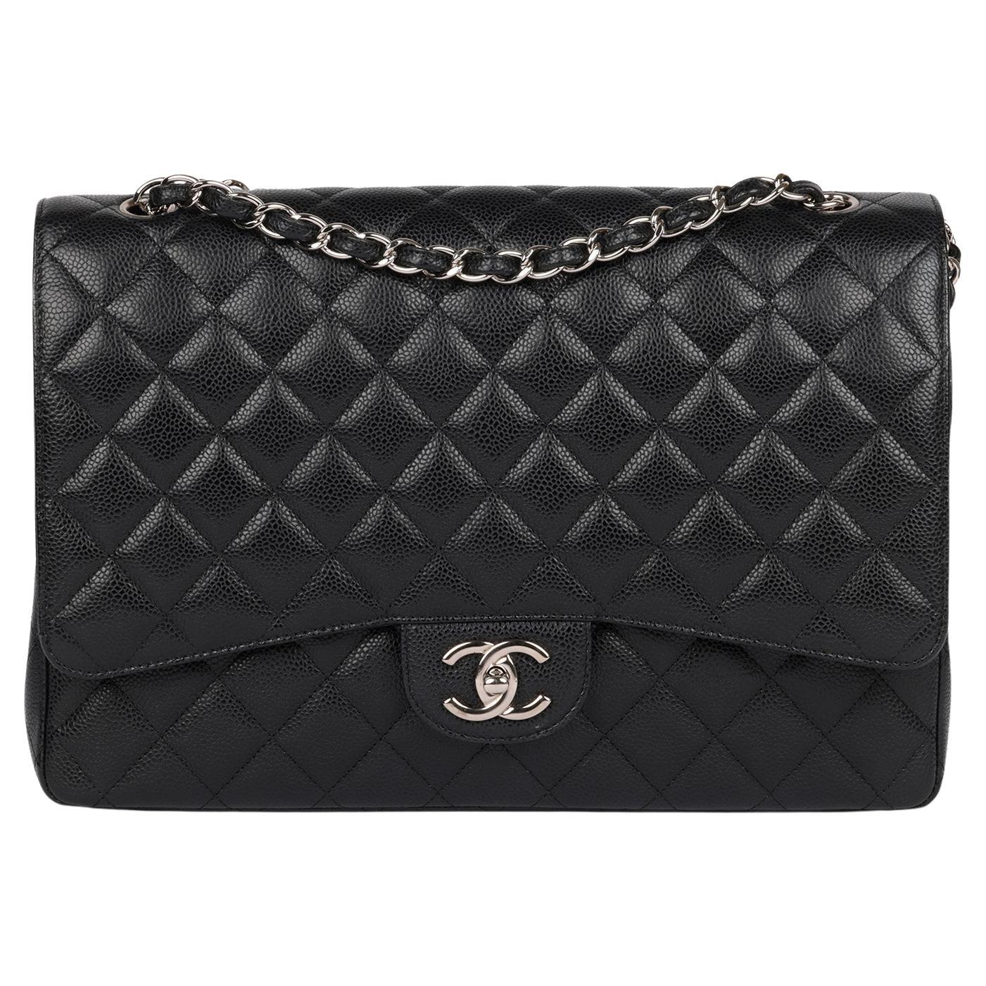 Chanel Black Quilted Caviar Leather Maxi Classic Double Flap Bag For Sale