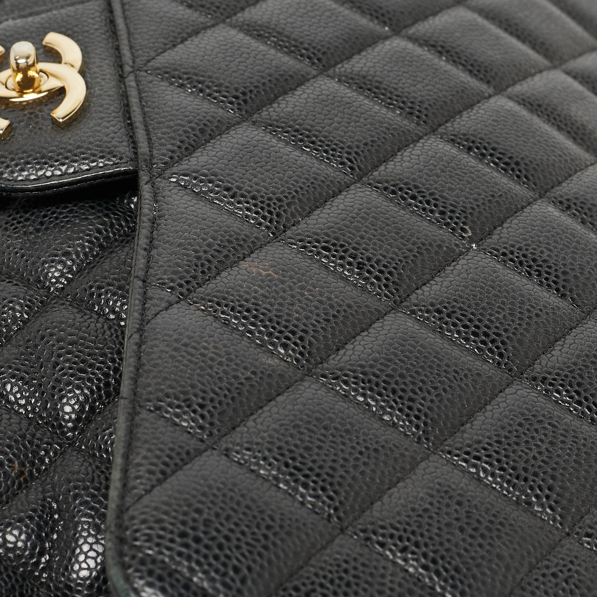 Chanel Black Quilted Caviar Leather Maxi Classic Single Flap Bag For Sale 8