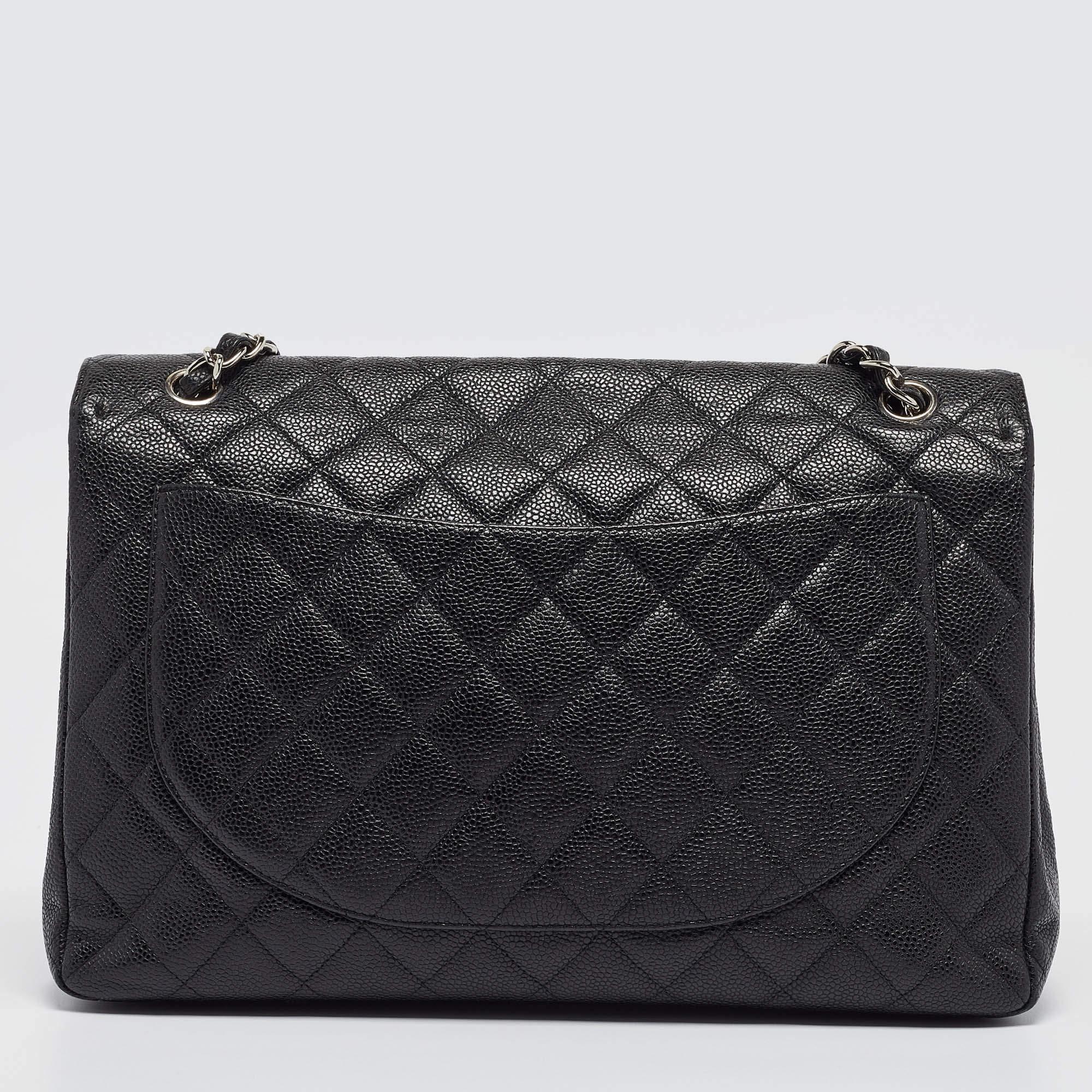 De las mujeres Chanel Negro Acolchado Caviar Piel Maxi Classic Bolso Solapa Simple