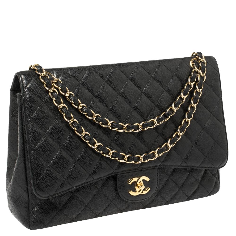 Women's Chanel Black Quilted Caviar Leather Maxi Classic Single Flap Bag