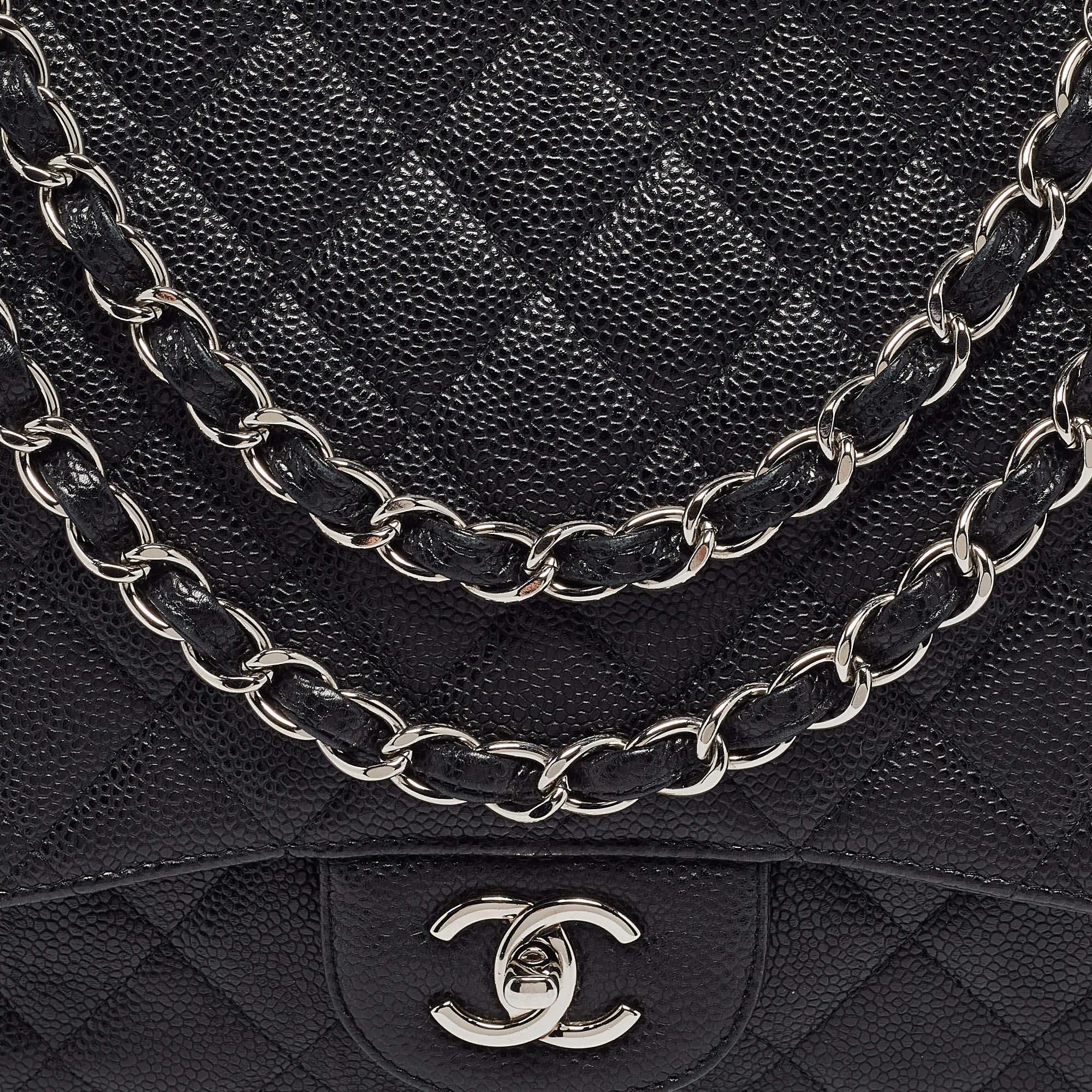 Chanel Negro Acolchado Caviar Piel Maxi Classic Bolso Solapa Simple 1