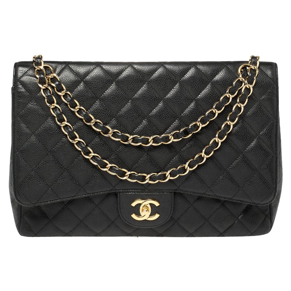 Chanel Black Quilted Caviar Leather Maxi Classic Single Flap Bag at 1stDibs