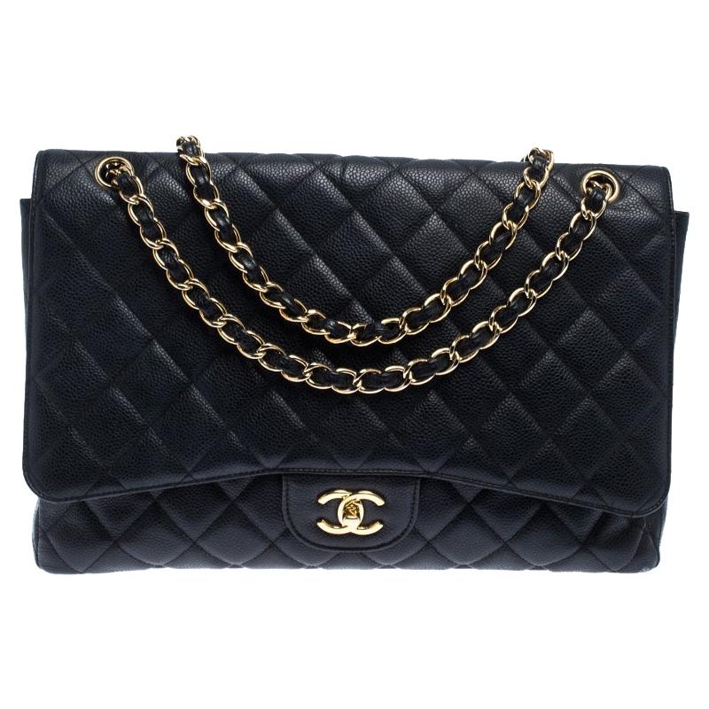 Chanel Black Quilted Caviar Leather Maxi Classic Single Flap Bag